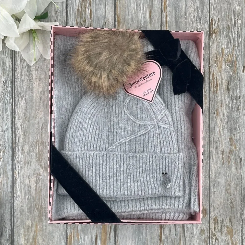 Juicy Couture Gray Knit Beanie Hat & Scarf Set with Faux Fur Pom